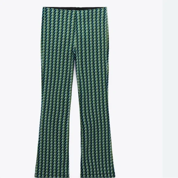 Zara Green Geometric print Boot Cut Flare elastic pants - Picture 6 of 7
